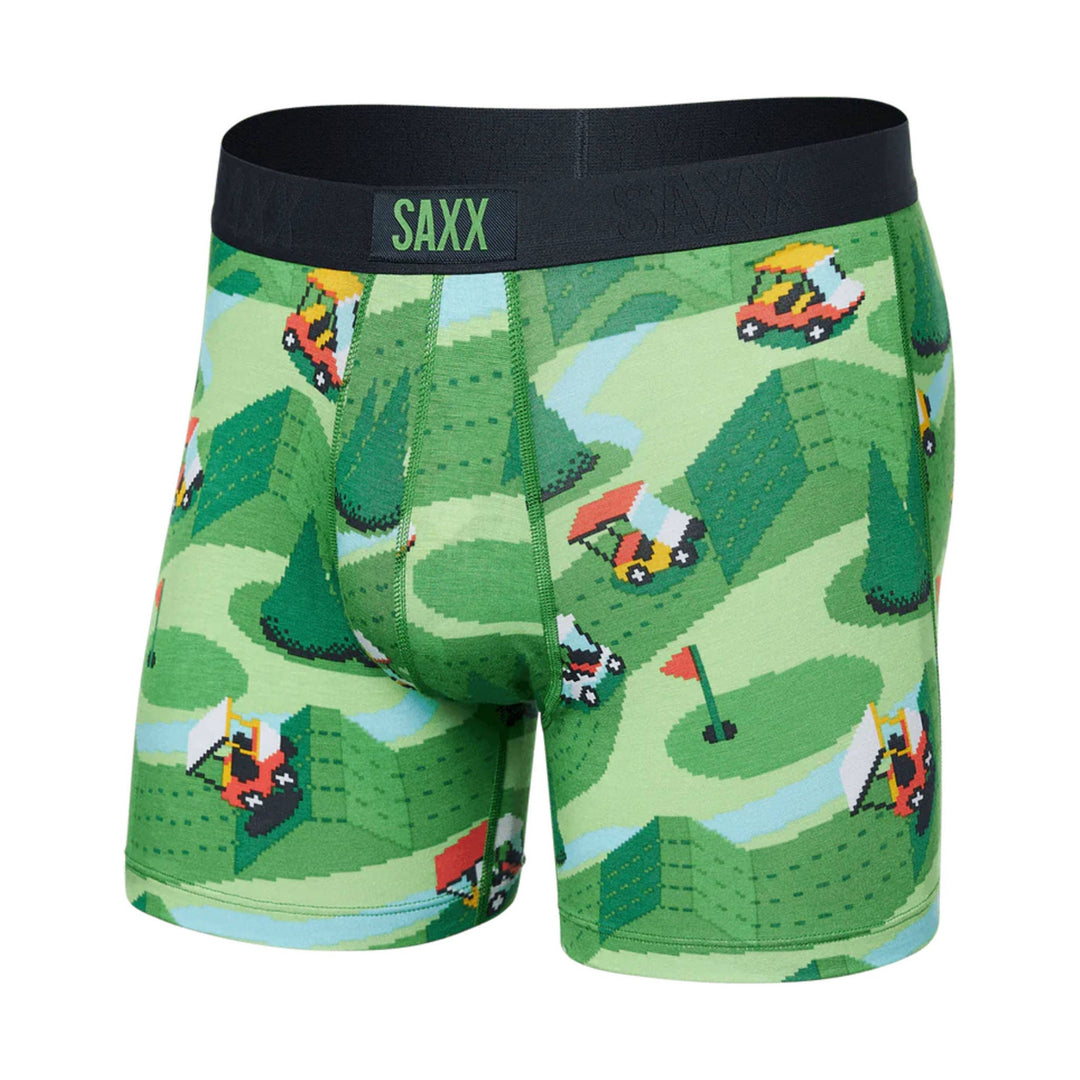 Green boxer briefs with a golf cart pattern and black waistband