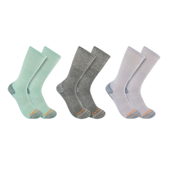Three pairs of socks in green, gray, and purple  on a white background
