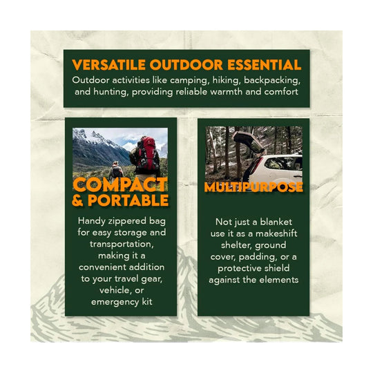 Outdoor blanket infographic with photos and text: versatile outdoor essential, compact & portable, multipurpose