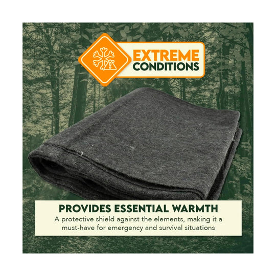 Folded dark gray blanket with an "Extreme Conditions" graphic and "Provides Essential Warmth" text