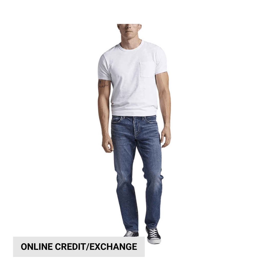 Men's white short-sleeve crewneck T-shirt with chest pocket and blue jeans