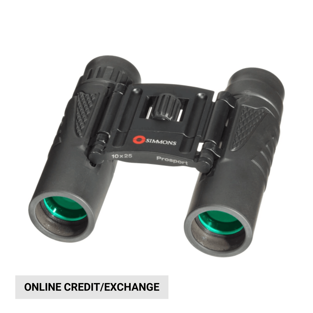 Black compact binoculars with green-tinted lenses and fold-down center hinge