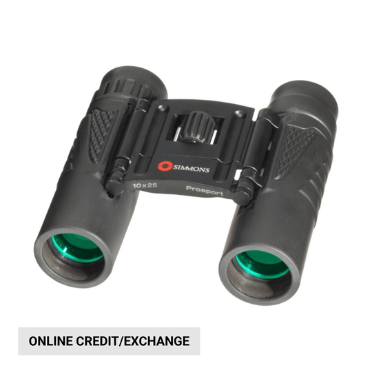 Black compact binoculars with green-tinted lenses and fold-down center hinge