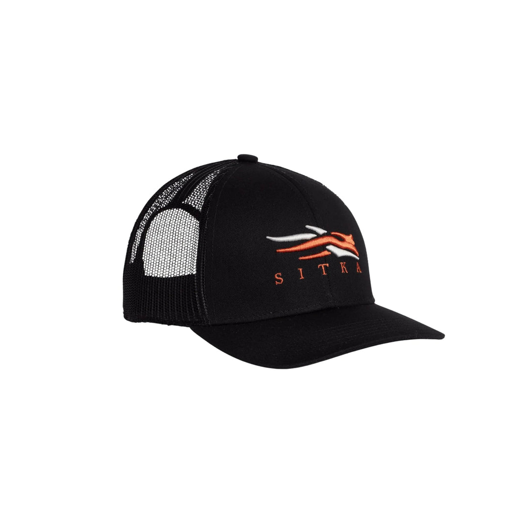 Black mesh-back trucker hat with orange and white logo on the front