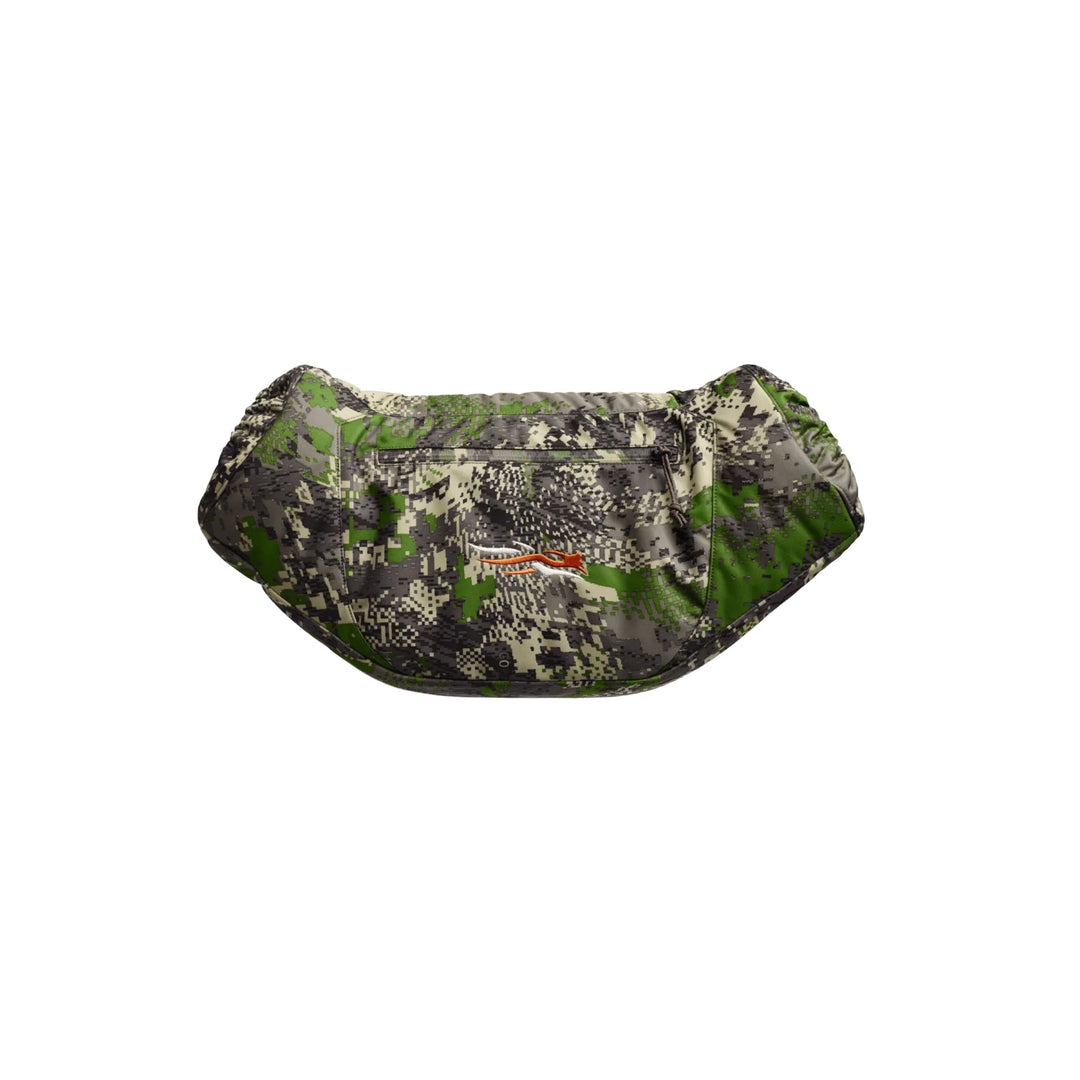 Camo waist pack with a front zip pocket and orange logo