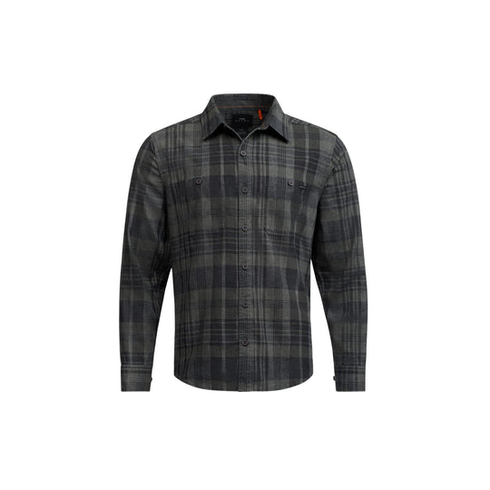 Dark gray and black plaid long-sleeve button-up shirt with chest pockets
