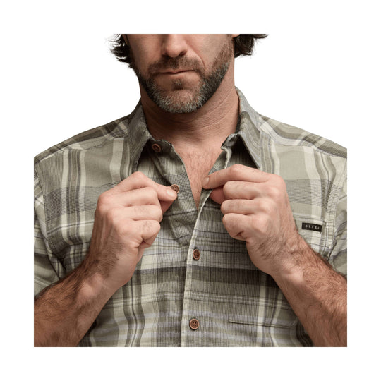 Plaid short-sleeve button-up shirt with chest pocket and SITKA label