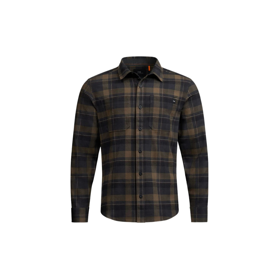 Black and brown plaid long-sleeve button-up flannel shirt with chest pockets