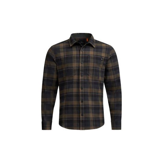 Black and brown plaid long-sleeve button-up flannel shirt with chest pockets