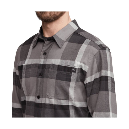Gray and black plaid button-up flannel shirt with chest pockets