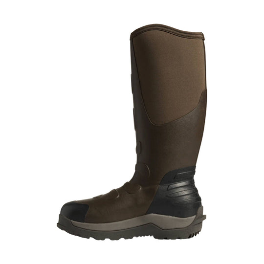 Tall brown and black knee-high rubber boot with a rugged tread sole, shown in side view on a white background