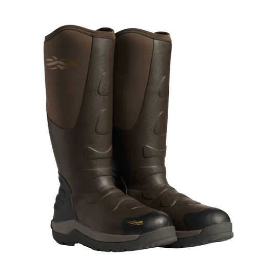 Pair of tall brown rubber boots with black reinforced toes and soles, shown from the front