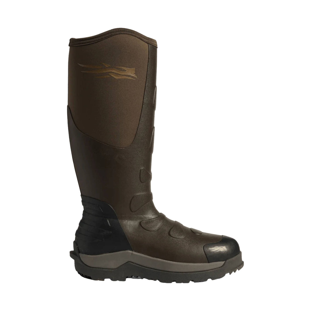 Tall brown and black waterproof boot shown in side profile with a rugged treaded sole