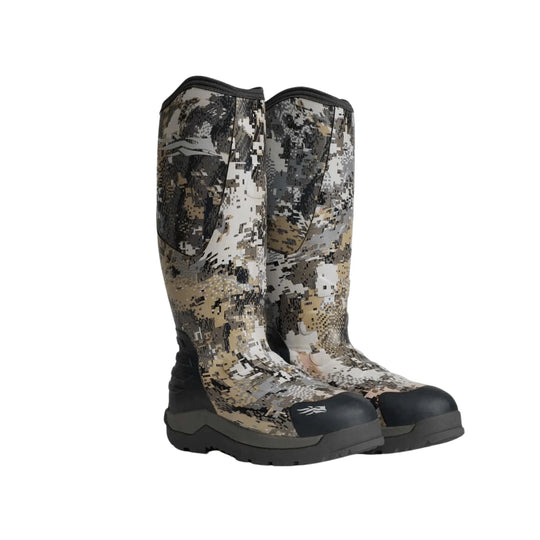 Camouflage knee-high rubber boots with black toe caps and thick tread soles