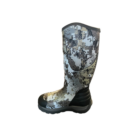Tall camouflage rubber boot with black toe cap and sole
