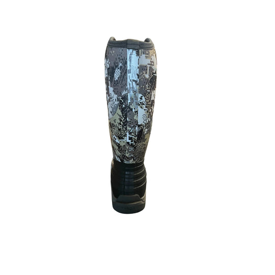 Camouflage knee-high boot with black rubber lower and vertical SITKA lettering