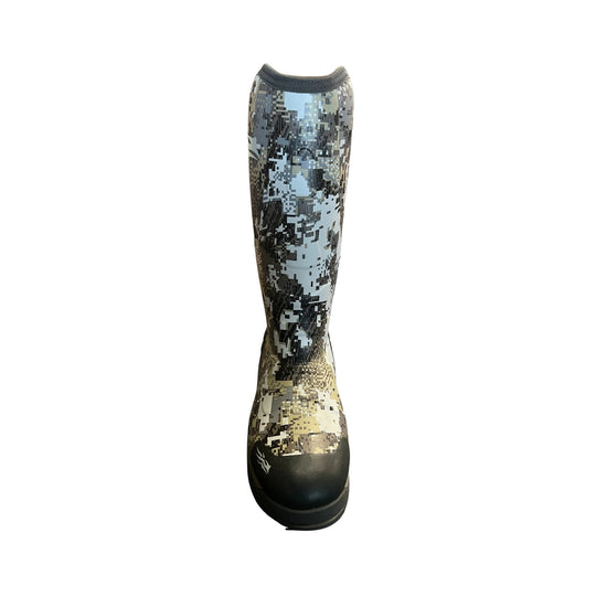 Tall camo-print rubber boot with black toe and sole
