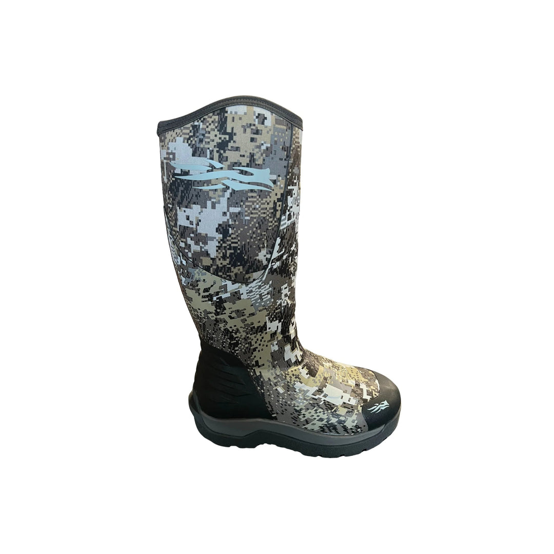 Tall camouflage rubber boot with black sole and toe cap
