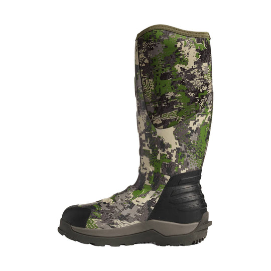 Camouflage knee-high rubber boot with black toe cap and treaded sole, side view