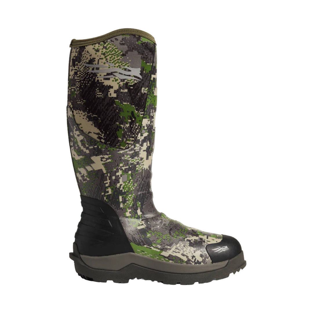Tall camouflage rubber hunting boot with black toe cap and outsole