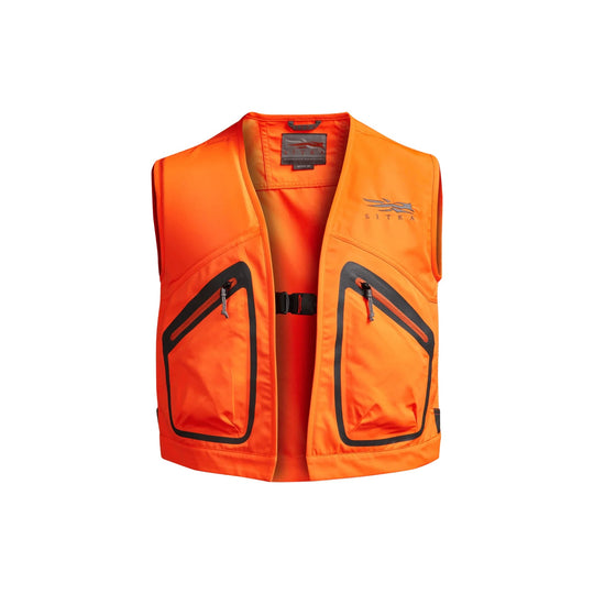 Bright orange hunting vest with black-trimmed front pockets and zip closures, shown open front.