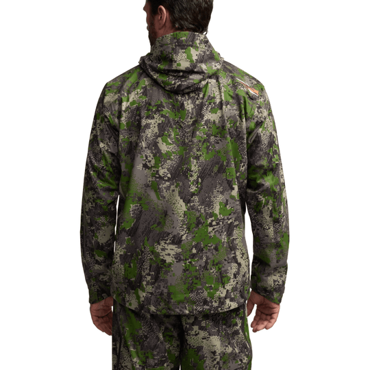 Back view of a green, gray, and black camouflage hooded jacket