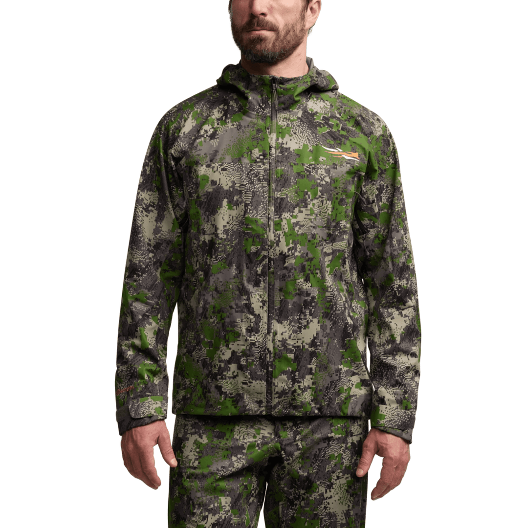 Camouflage hooded zip-up jacket with a chest logo