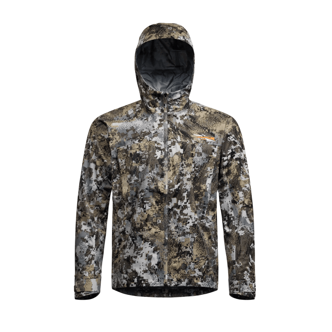 Camo hooded zip-front jacket with long sleeves and orange chest logo