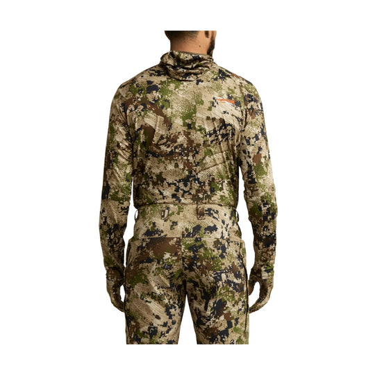 Camouflage long-sleeve hooded top shown from the back