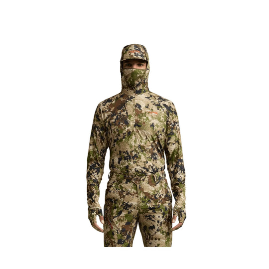 Camouflage hooded long-sleeve top with face covering, shown front view