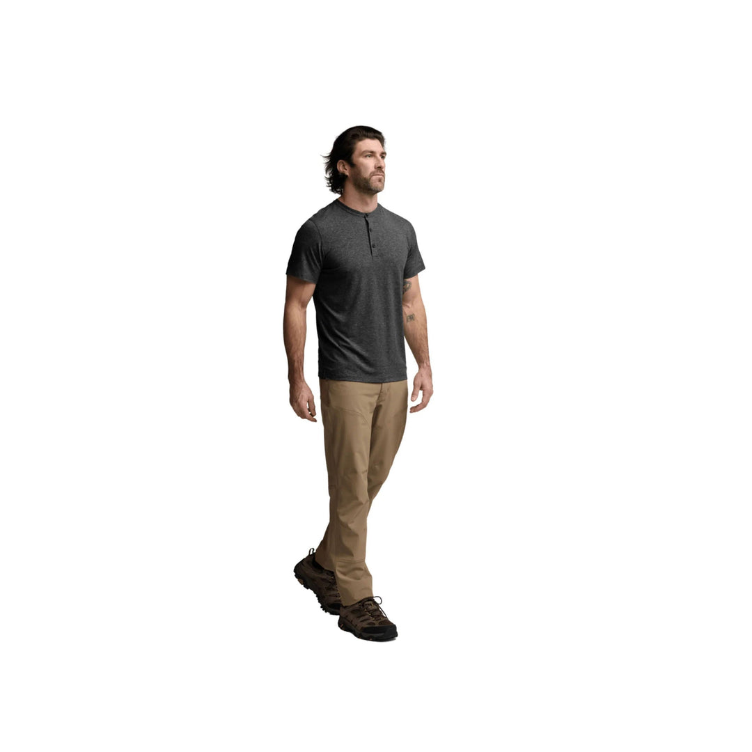 Charcoal short-sleeve henley shirt with three-button placket