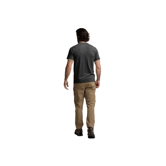 Dark gray short-sleeve henley shirt with a crew neck and three-button placket, shown on a model from the back