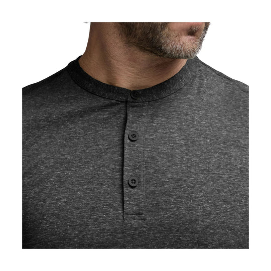 Dark heathered long-sleeve henley shirt with a band collar and three-button placket