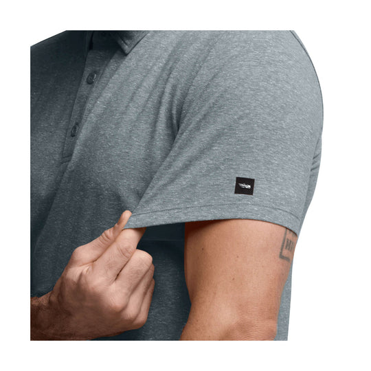Gray heather short-sleeve polo shirt with three-button placket and small sleeve logo