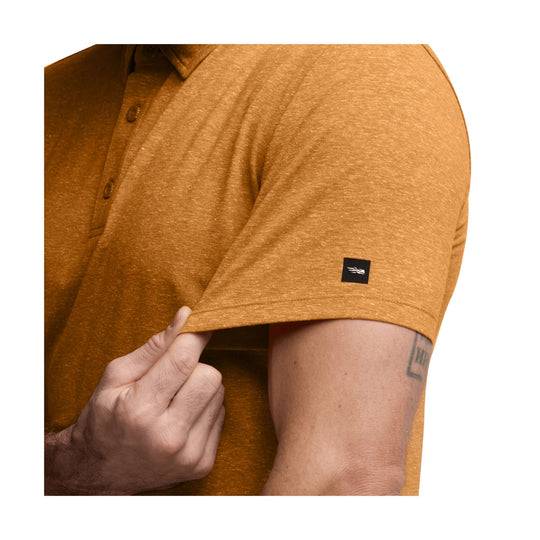 Heathered amber short-sleeve polo shirt with button placket and small sleeve logo patch