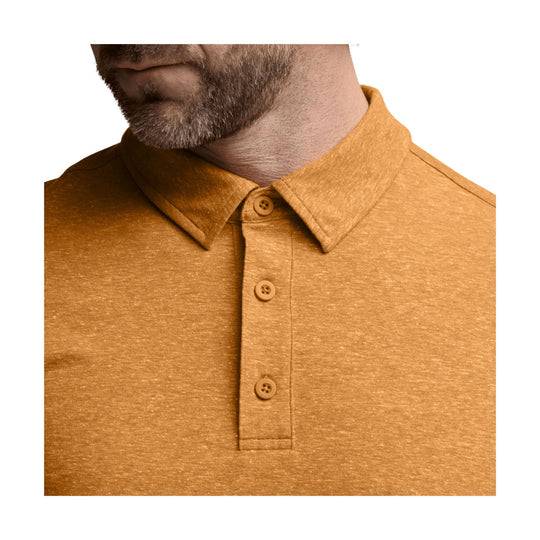 Mustard heather short-sleeve polo shirt with a button placket and pointed collar