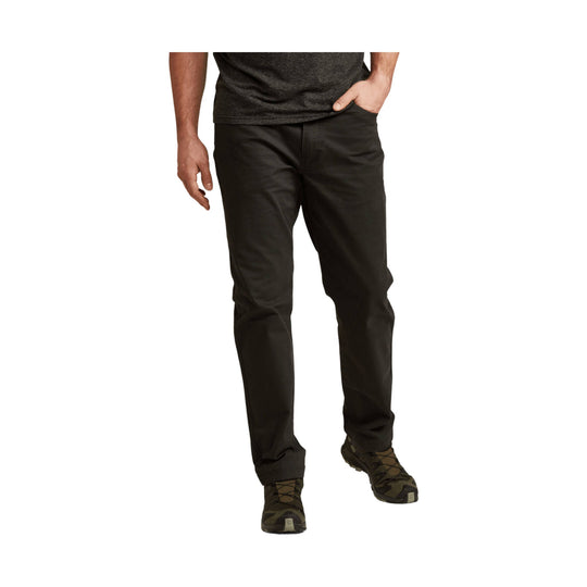 Black straight-leg pants shown on a model with hands in pockets