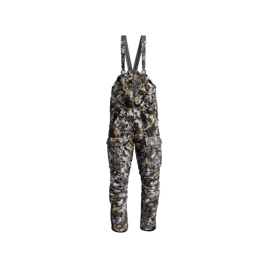 Camouflage hunting bib overalls with shoulder straps, front zipper, and cargo pockets