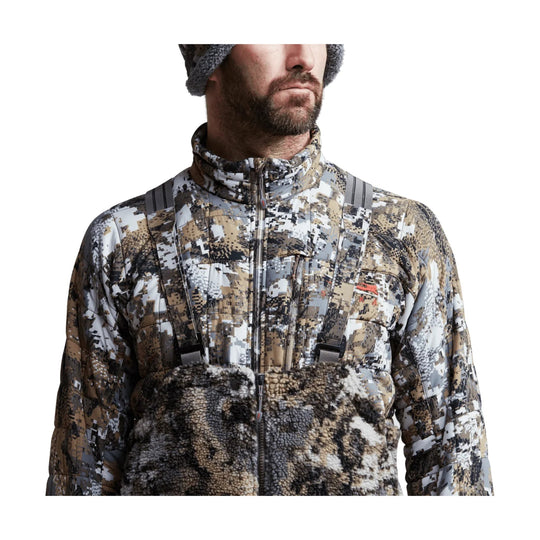Camouflage insulated bib with front zipper, suspenders, and fuzzy fleece chest panel