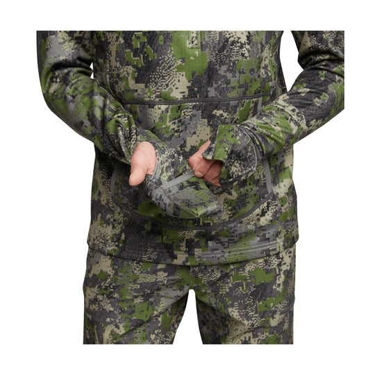 Camouflage hooded pullover with thumbholes and a front hand pocket
