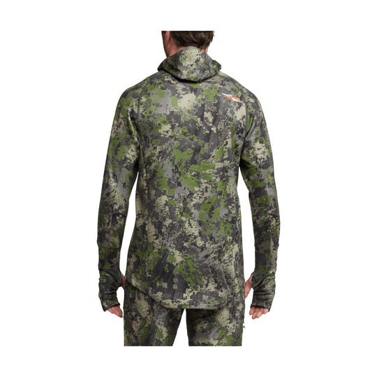 Camouflage hooded long-sleeve pullover shown from the back