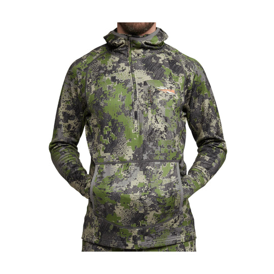 Camouflage zip-front hooded pullover with a chest pocket and front kangaroo pocket