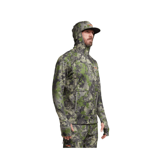 Camouflage hooded fishing top with face-covering hood, chest pocket, and fingerless gloves