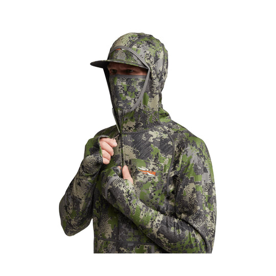 Camouflage hooded zip-up face mask with built-in cap visor and thumbhole cuffs