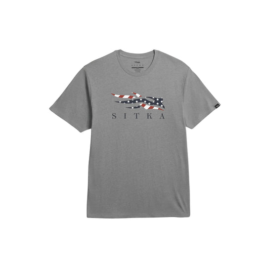 Gray short-sleeve T-shirt with a flag-pattern graphic and the word SITKA on the chest