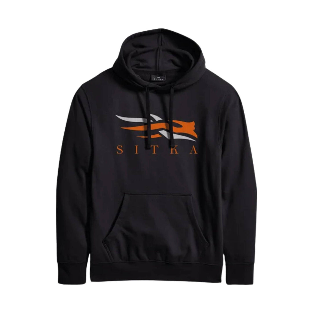 Black hooded sweatshirt with orange and white chest logo and front kangaroo pocket