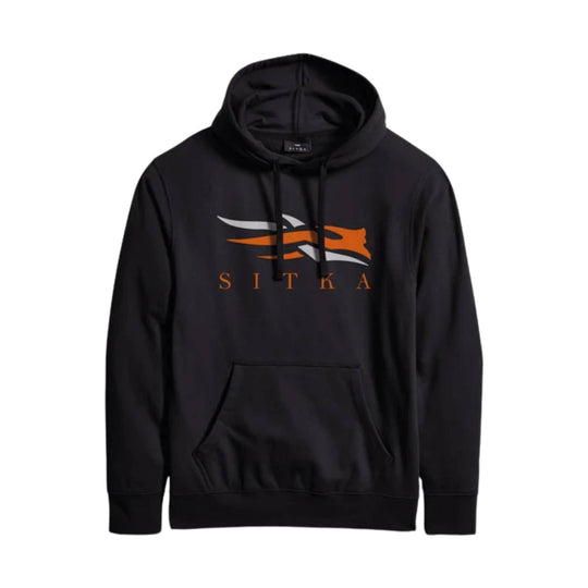 Black hooded sweatshirt with orange and white chest logo and front kangaroo pocket
