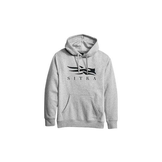 Heather gray hooded sweatshirt with kangaroo pocket and black SITKA graphic on the chest