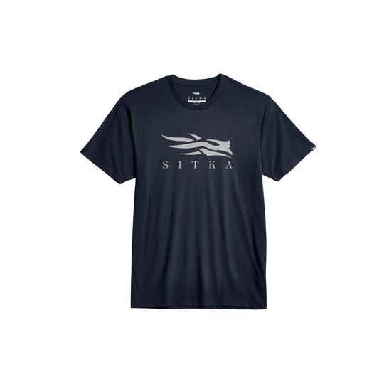 Black short-sleeve T-shirt with a large SITKA logo on the chest