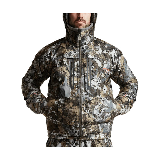 Camouflage insulated jacket with hood, zip front, and multiple chest pockets